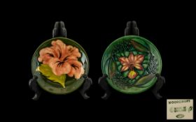 Moorcroft Pair of Tubelined Pin Dishes ' Coral Hibiscus ' Design & Water Lilies Design.