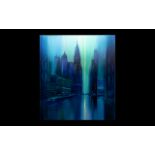 Heinz-Jürgen Menzinger Oil On Canvas, Modernist New York Cityscape, 'Blue City'. 36 x 31 Inches.