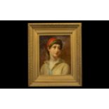 19th Century Unsigned Finely Painted Oil on Board Portrait of a Young Boy Wearing a Red Cloth Cap