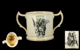 Staffordshire pottery two handled frog mug, circa 1850-60, with angular loop handles,