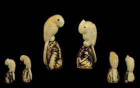 A Novelty Pair of Early 20th Century Carved Ivory Bone Bird Figures of Small Proportions.