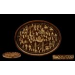 Early 20th Century Oval Shaped Wooden Tray, Inlaid with Chinese Carved Figures In Bone,