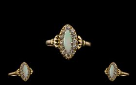 An Edwardian Period Attractive 9ct Gold Opal and Diamond Set Dress Ring, Gallery Setting.