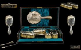 Ladies Deluxe - Boxed Solid Mahogany Top Quality - 8 Piece Silver Vanity Set. Comprises Hand Mirror,