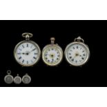 Three Continental Silver Ladies Fob Watches, all with enamel dials and Roman Numerals.