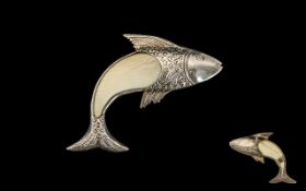 Japanese Koi Carp Silver and Ivory Brooch realistically modelled, with impressed marks.