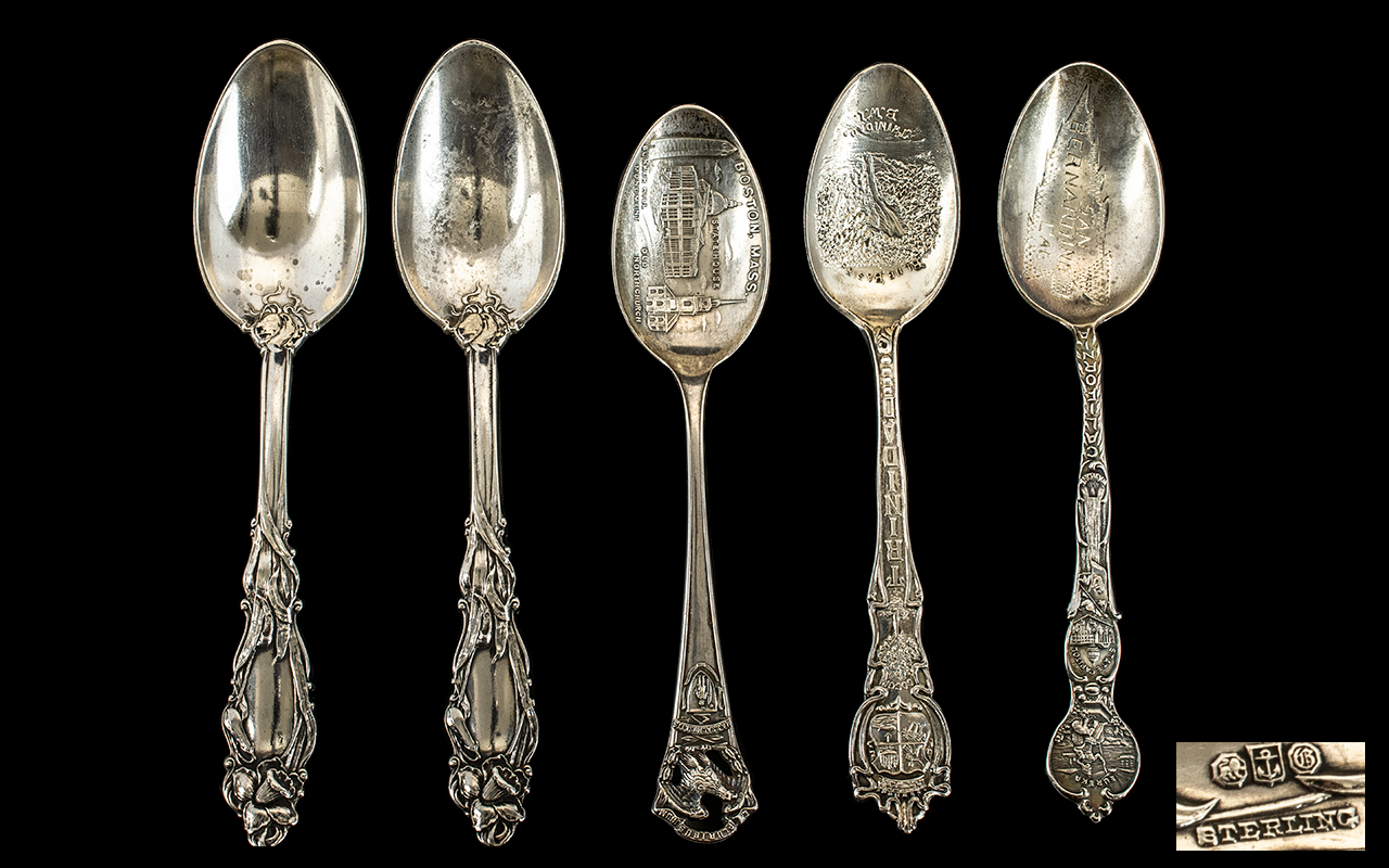 Collection Of Five American Silver Spoons, Three Souvenir Spoons Marked For Cocoa Trinidad,