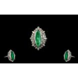 Art Deco 18ct White Gold Superb Quality Marquise Shaped Emerald and Diamond Set Dress Ring, Set with