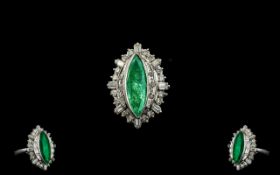 Art Deco 18ct White Gold Superb Quality Marquise Shaped Emerald and Diamond Set Dress Ring, Set with