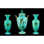 Harrach Superb Bohemian Blue Opaline Glass Enamel Garniture Set From the Mid 19th Century Enamelled