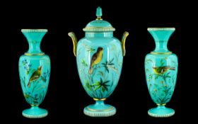 Harrach Superb Bohemian Blue Opaline Glass Enamel Garniture Set From the Mid 19th Century Enamelled