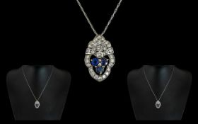 18ct White Gold Ladies - Nice Quality and Attractive Diamond and Sapphire Set Pendant,