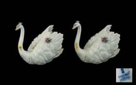 Lladro Fine Pair of Quality White Swan Figures, Encrusted with Flowers.
