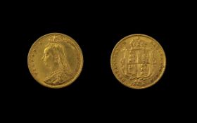 Queen Victoria 22ct Gold Jubilee Head / Shield Back Half Sovereign - Date 1890.