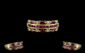 Ladies 9ct Gold Attractive Ruby and Diamond Set Dress Ring, Channel Setting.