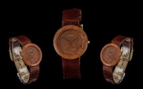 Tissot - Ladies Iconic Mid Size Circular Wood Cased Watch, with Integral Tissot, Leather Strap,