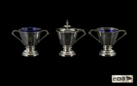 Walker and Hall Solid SIlver 3 Piece Cruet Set of Trophy Form / Design, Complete with Blue Liners.