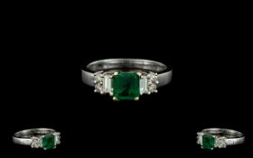 14ct White Gold Emerald and Diamond Set Dress Ring, Marked 14ct.