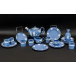 Wedgwood Blue Jasper Tea Service comprising Tea Pot, 6 x 6'' plates, 6 x small unhandled cups, 6 x