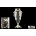 Arts and Crafts Fine Quality Spot Hammered and Planished Sterling Silver Twin Lion Mask Handle Vase