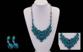 Dark Teal Crystal Statement Necklace and Drop Earrings Set, large, predominantly pear cut,