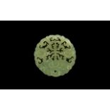 Oriental Jadeite Talisman Circular Reticulated Form With Incised Decoration,