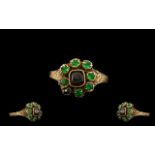 George III 12-5 ct Gold Emerald Set Cluster Ring. Flower head Design, Marked for 12.5 ct Gold.
