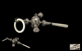 1920's Silver and Mother of Pearl Baby's Rattle. Full Hallmark for C.A.N. Birmingham 1920.