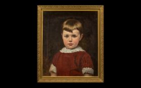 Oil on Canvas Framed Painting of a Young Girl in a Red Dress by W Vizard dated 1884.