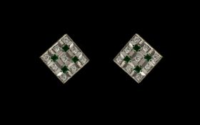 Ladies - Fine Pair of Attractive Art Deco Style 18ct Gold Square Shaped Earrings,