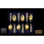 Six Gilded Russian Cloisonne Teaspoons In Fitted Case, Star With Hammer And Sickle 875, Mark To