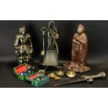 Box of Assorted Fireplace & Decorative Items includes a fireplace companion set, two large fireplace