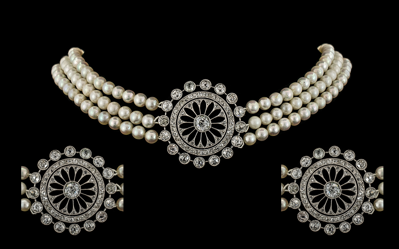 Belle Epoque / Art Nouveau Stunning Quality 3 Strand Pearl and Platinum Diamond Set Choker of