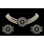 Belle Epoque / Art Nouveau Stunning Quality 3 Strand Pearl and Platinum Diamond Set Choker of