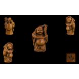 Japanese 19th Century Top Quality Signed Carved Boxwood Netsuke ' Laughing Buddha ' Carrying Fruit