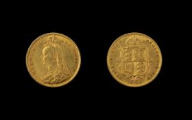 Queen Victoria 22ct Gold Jubilee Head / Shield Back Half Sovereign - Date 1890.