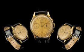 Swiss 1950's Gentleman's 18ct Gold Chronograph Wrist Watch. c.1950's. With Later Black Strap.