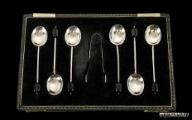 Boxed Set of Six Silver Coffee Spoons with Matching Sugar Tongs. Hallmark Birmingham 1956.