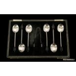 Boxed Set of Six Silver Coffee Spoons with Matching Sugar Tongs. Hallmark Birmingham 1956.