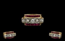 Art Deco Period 18ct Gold Diamond and Ruby Set Dress Ring, Pleasing Design,