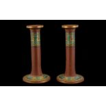 Early 20th Century Unmarked Pair of Terracotta Candlesticks with Egyptian Painted Enamel Images of