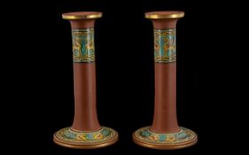 Early 20th Century Unmarked Pair of Terracotta Candlesticks with Egyptian Painted Enamel Images of