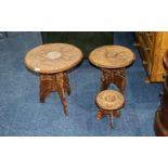 Three Carved Anglo Indian Occasional Tables Each with circular tops, inlaid with floral abalone