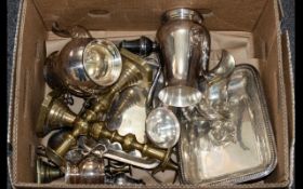 A Collection of Silver Plate and Brass Ware including a pair of brass candlesticks, sauce boat,