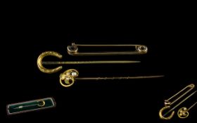 Antique Period 15ct Gold Pearl and Peridot Set Stick Pin - Marked 15ct + 9ct Gold Horseshoe Brooch