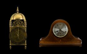 An Edwardian Inlaid Mahogany Mantle Clock silvered dial with Arabic numerals, Napoleon hat shape