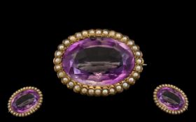 Victorian Period Nice Quality 9ct Gold Mounted Amethyst and Seed Pearl Brooch,