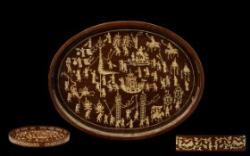 Early 20th Century Oval Shaped Wooden Tray, Inlaid with Chinese Carved Figures In Bone,