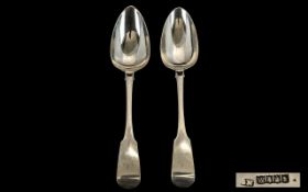 George III - Irish Pair of Sterling Silver Large Table Spoons of Heavy Gauge and Fiddle Back Design.