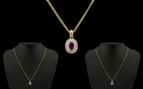 9ct Gold Diamond and Ruby Set Pendant Drop - Attached to a 9ct Gold Chain and Pendant.